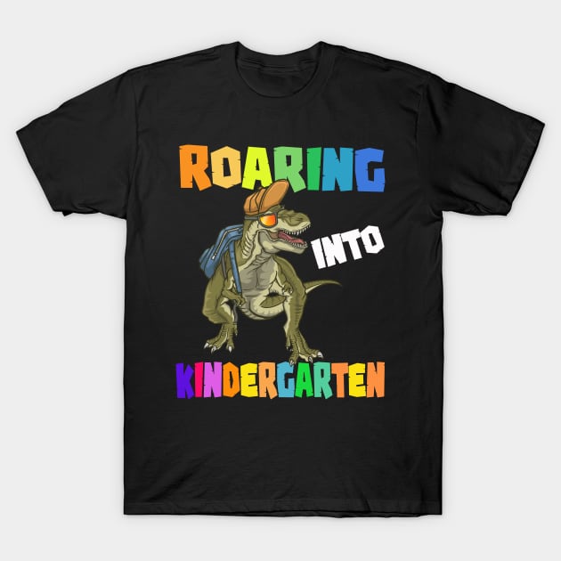 Kids Roaring Into Kindergarten TRex Dino First Day School Boys T-Shirt by savariya